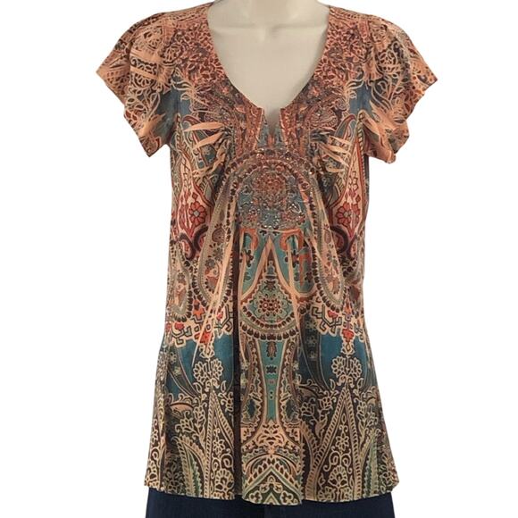 One World Flattering Multi Color Coral Paisley Pop Over Top V Neck Light Weight - Picture 15 of 16